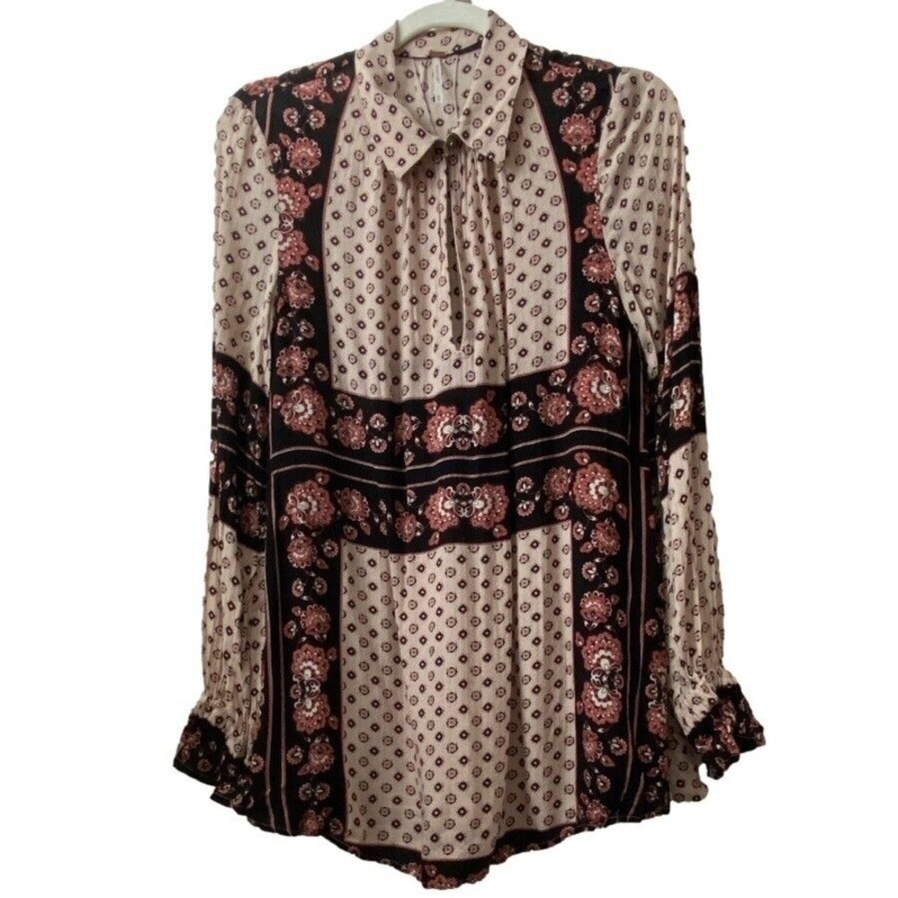Free People tan black Floral All Over Print Boho Tunic Top Women’s Size XS